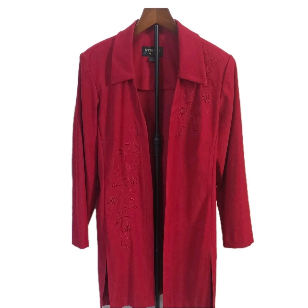 Vintage 1990s Studio I Petite Red Embroidered Open Front Jacket Duster 10P